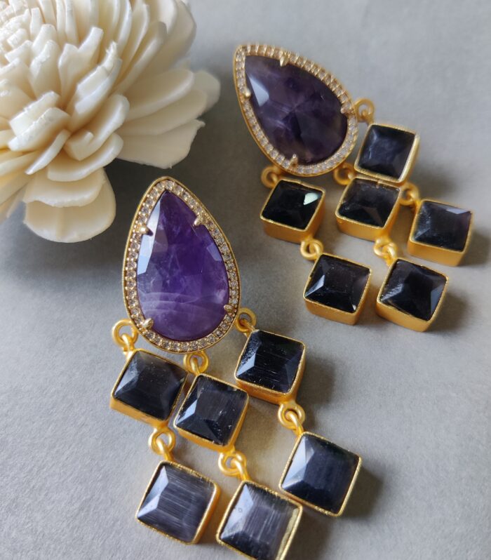 Statement Amethyst & Zircon Earrings | Gorgeous Bestseller Fusion Jewellery | Handmade Brass Earrings