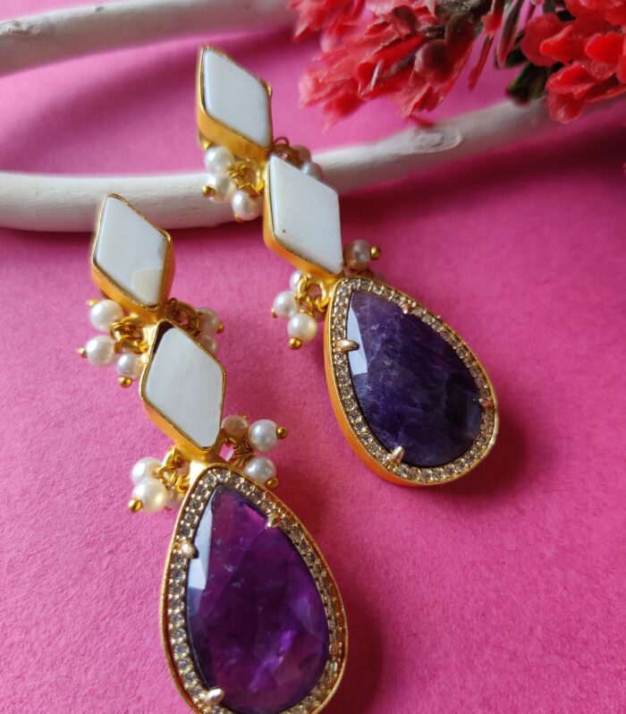 Fusion Indo-Western Amethyst & MOP Earrings with Zircons | Elegant Brass Earrings | Unique Statement Jewelry